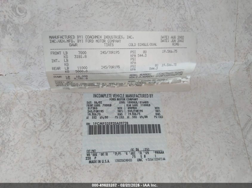 2002 Ford F550 Super Duty Stripped Chass VIN: 1FCMF53S920A09728 Lot: 41623287
