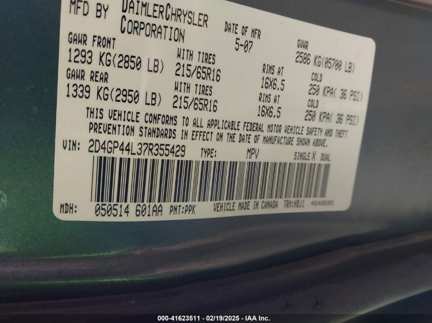 2007 Dodge Grand Caravan Sxt VIN: 2D4GP44L37R355429 Lot: 41623511