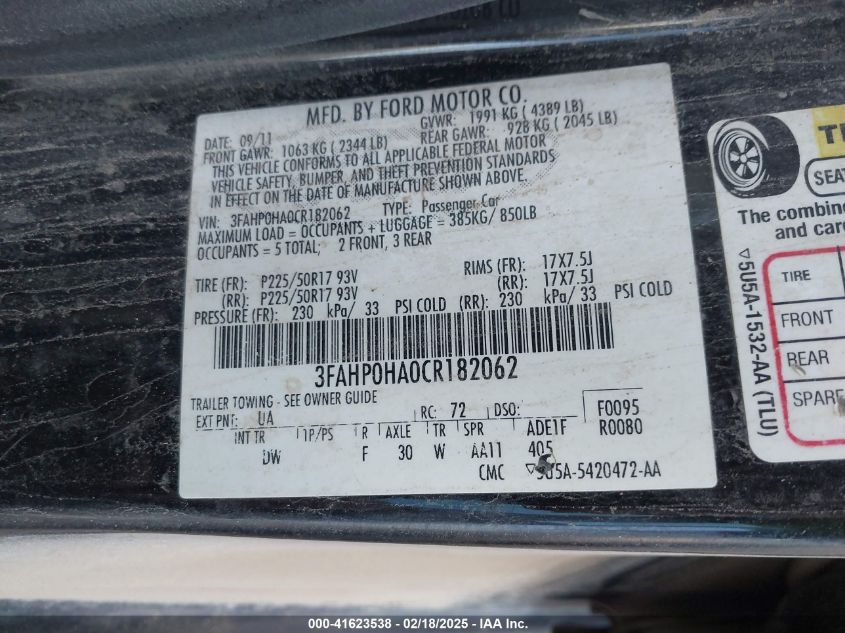 2012 Ford Fusion Se VIN: 3FAHP0HA0CR182062 Lot: 41623538