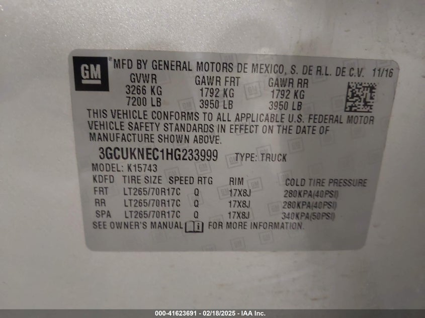 2017 CHEVROLET SILVERADO 1500 VIN: 3GCUKNEC1HG233999