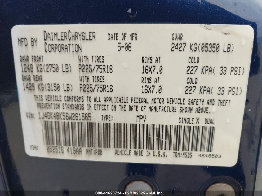 2006 Jeep Liberty Sport VIN: 1J4GK48K56W261565 Lot: 41623724