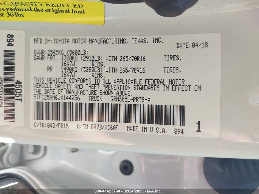 2018 TOYOTA TACOMA VIN: 5TFCZ5AN6JX144056