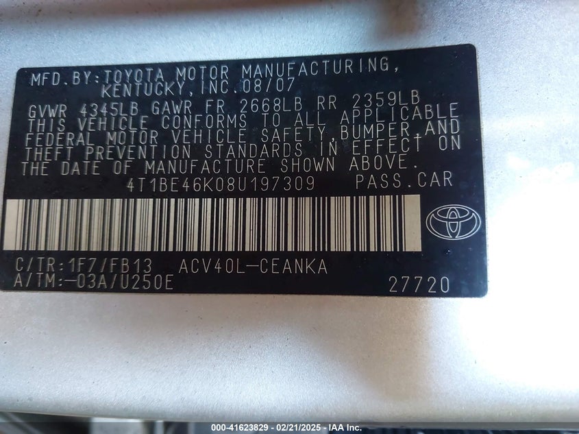 2008 TOYOTA CAMRY VIN: 4T1BE46K08U197309