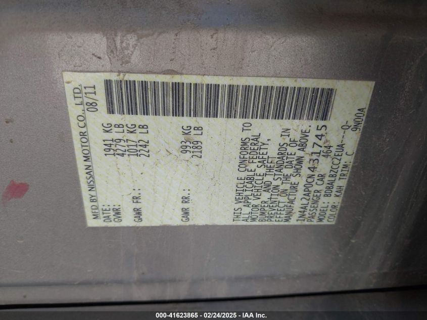 2012 Nissan Altima 2.5 S VIN: 1N4AL2AP0CN431745 Lot: 41623865