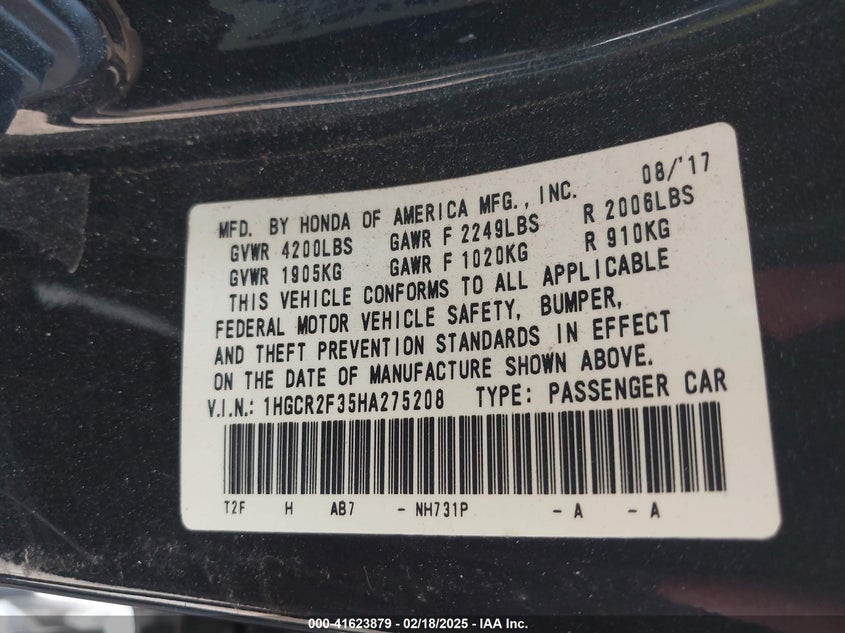 2017 HONDA ACCORD VIN: 1HGCR2F35HA275208