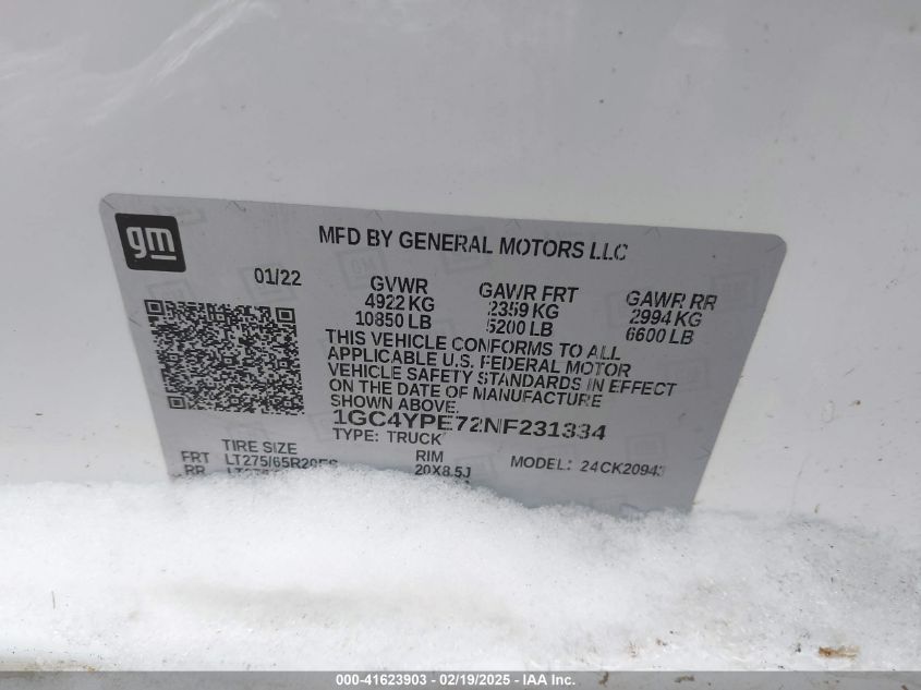 2022 Chevrolet Silverado 2500Hd 4Wd Long Bed Ltz VIN: 1GC4YPE72NF231334 Lot: 41623903