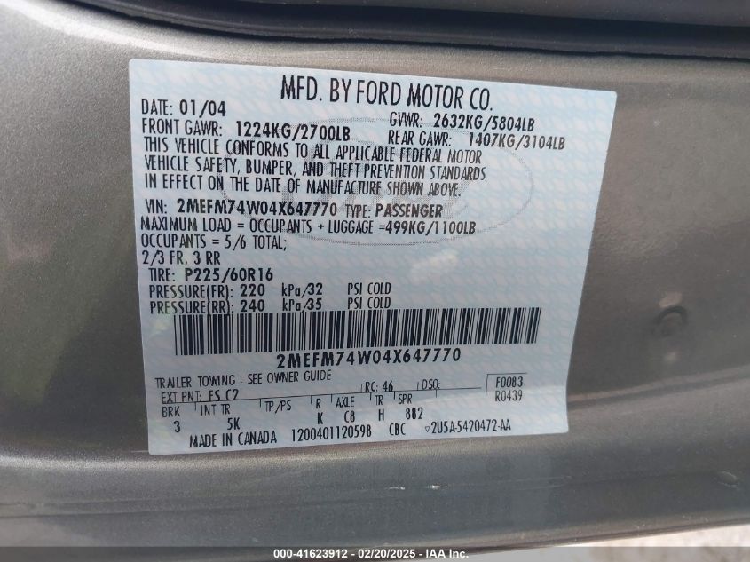 2004 Mercury Grand Marquis Gs VIN: 2MEFM74W04X647770 Lot: 41623912