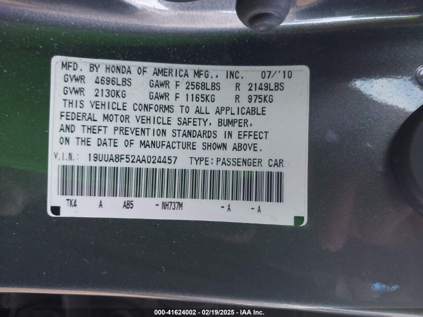 2010 Acura Tl 3.5 VIN: 19UUA8F52AA024457 Lot: 41624002