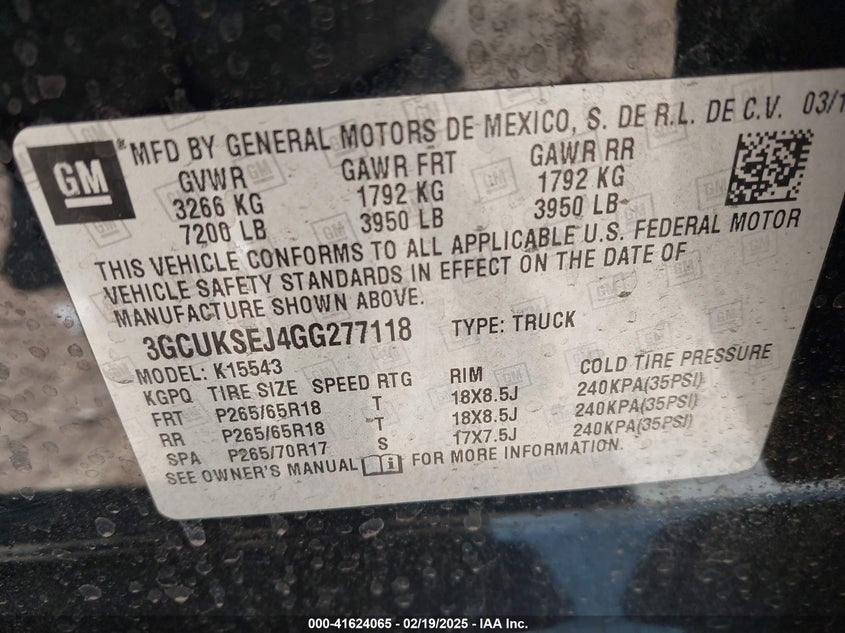 2016 CHEVROLET SILVERADO 1500 VIN: 3GCUKSEJ4GG277118
