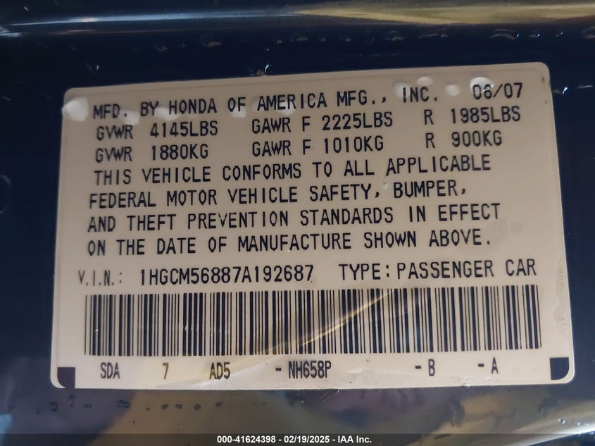2007 HONDA ACCORD VIN: 1HGCM56887A192687