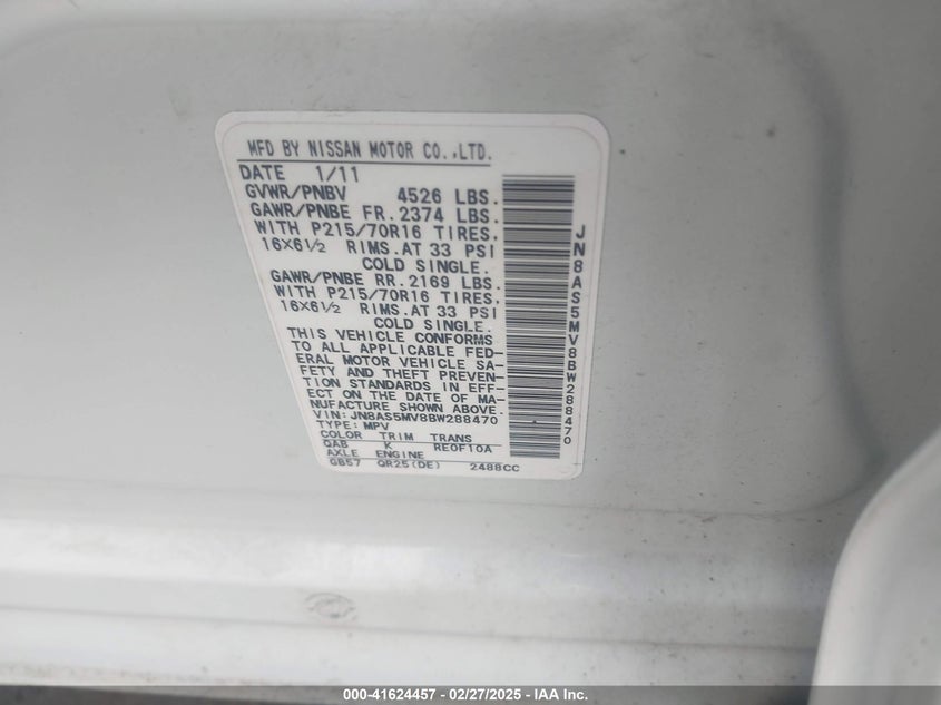 2011 NISSAN ROGUE VIN: JN8AS5MV8BW288470