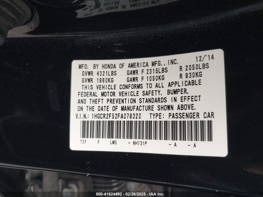 2015 HONDA ACCORD VIN: 1HGCR2F52FA078320