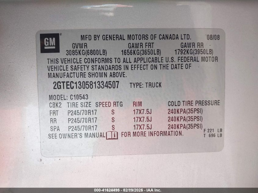2008 GMC Sierra 1500 Sle1 VIN: 2GTEC130581334507 Lot: 41624495