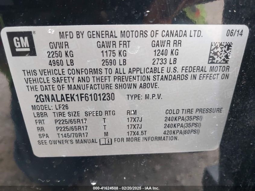 2015 Chevrolet Equinox Ls VIN: 2GNALAEK1F6101230 Lot: 41624508