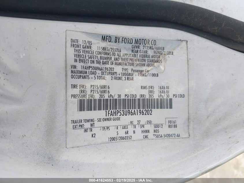 2006 FORD TAURUS VIN: 1FAHP53U96A196202