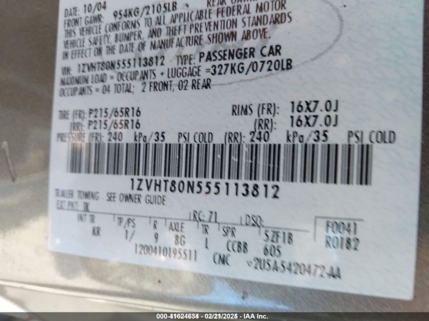 2005 Ford Mustang V6 Deluxe/V6 Premium VIN: 1ZVHT80N555113812 Lot: 41624634