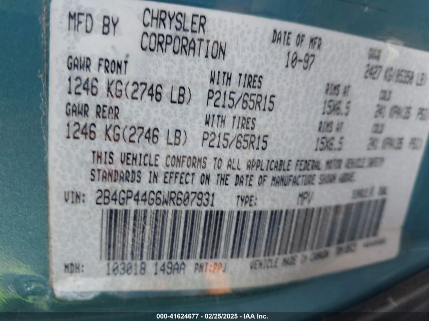 1998 Dodge Grand Caravan Se VIN: 2B4GP44G6WR607931 Lot: 41624677