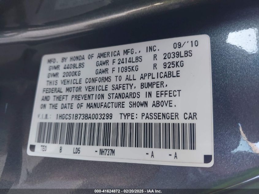 2011 Honda Accord 2.4 Ex VIN: 1HGCS1B73BA003299 Lot: 41624872