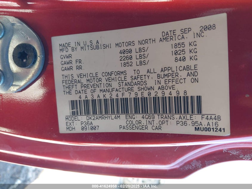 2009 MITSUBISHI ECLIPSE VIN: 4A3AK24F79E029498