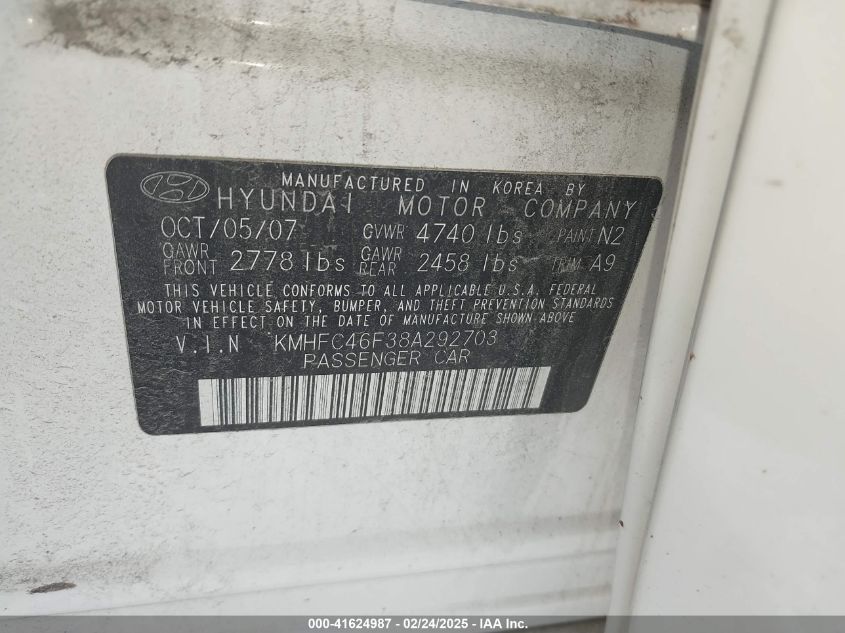 2008 Hyundai Azera Limited VIN: KMHFC46F38A292703 Lot: 41624987