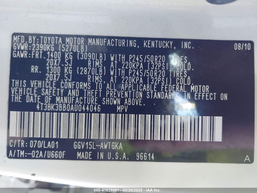 2010 Toyota Venza Base V6 VIN: 4T3BK3BB0AU044046 Lot: 41625051