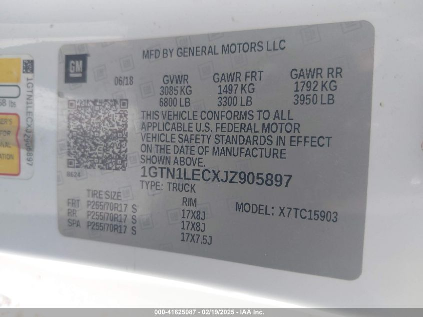 2018 GMC Sierra 1500 VIN: 1GTN1LECXJZ905897 Lot: 41625087