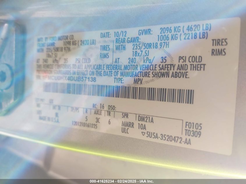 2013 Ford Escape Sel VIN: 1FMCU0HX4DUB57138 Lot: 41625234