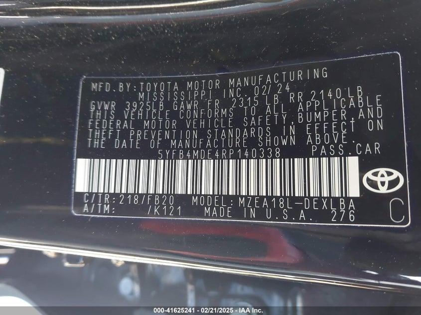 2024 TOYOTA COROLLA VIN: 5YFB4MDE4RP140338