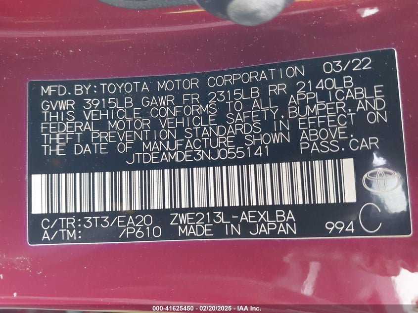 2022 TOYOTA COROLLA HYBRID LE - JTDEAMDE3NJ055141