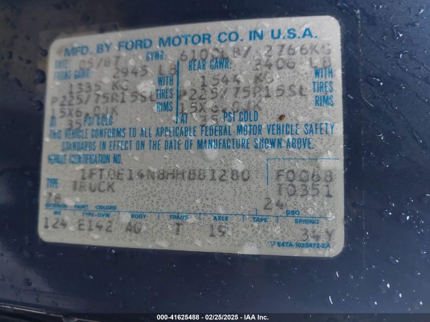 1987 Ford Econoline E150 Van VIN: 1FTDE14N8HHB81280 Lot: 41625488