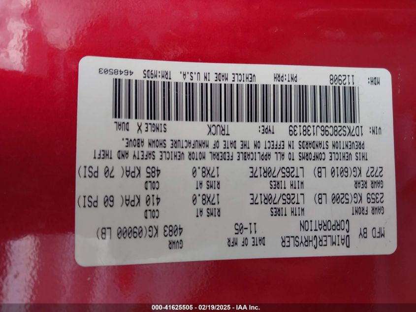 2006 Dodge Ram 2500 Slt/Trx4 Off Road/Sport/Power Wagon VIN: 1D7KS28C96J138139 Lot: 41625505