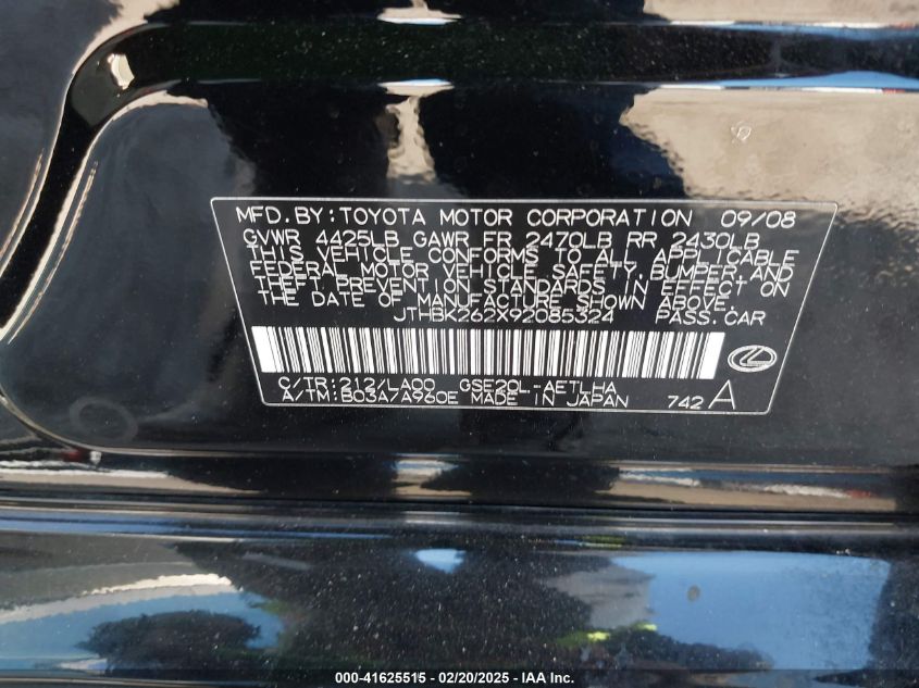 2009 Lexus Is 250 VIN: JTHBK262X92085324 Lot: 41625515
