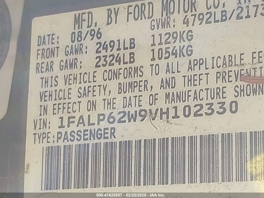 1997 Ford Thunderbird Lx VIN: 1FALP62W9VH102330 Lot: 41625557