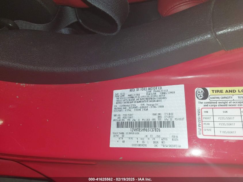 2006 Ford Mustang Gt VIN: 1ZVHT85H965137826 Lot: 41625562