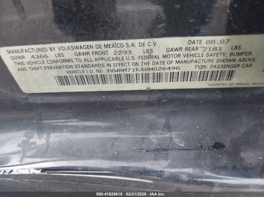2008 Volkswagen Jetta Se/Sel VIN: 3VWRM71K48M026496 Lot: 41625619