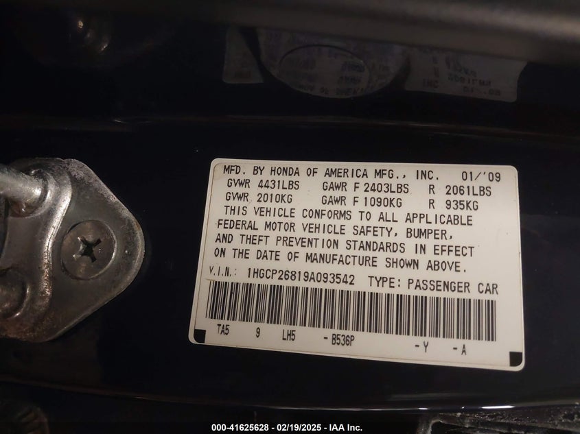 2009 HONDA ACCORD SDN VIN: 1HGCP26819A093542