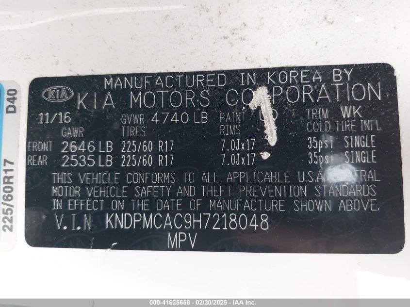 2017 Kia Sportage Lx VIN: KNDPMCAC9H7218048 Lot: 41625658