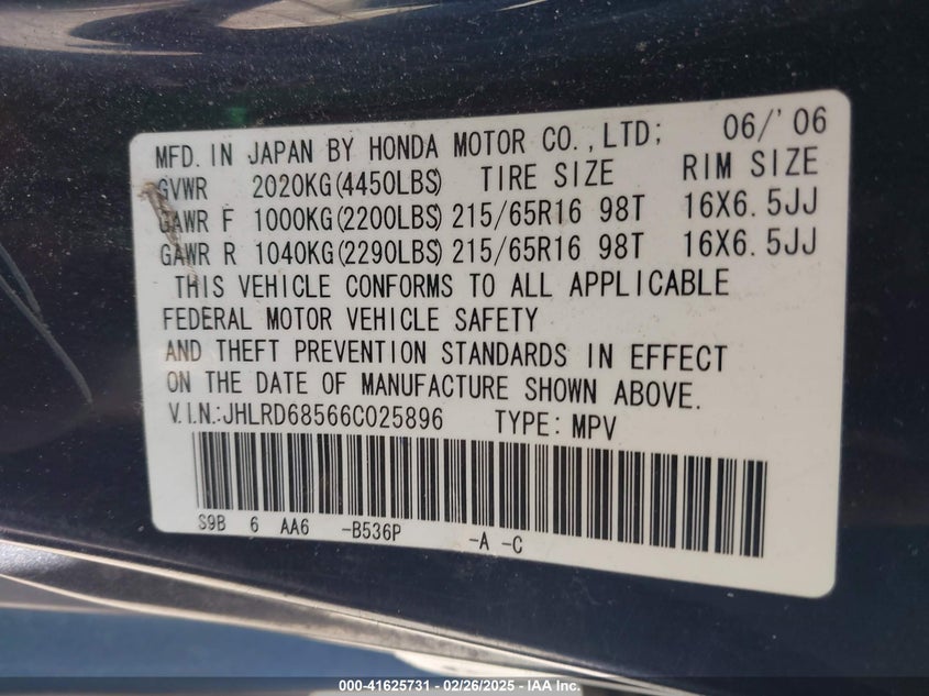 2006 HONDA CR-V VIN: JHLRD68566C025896