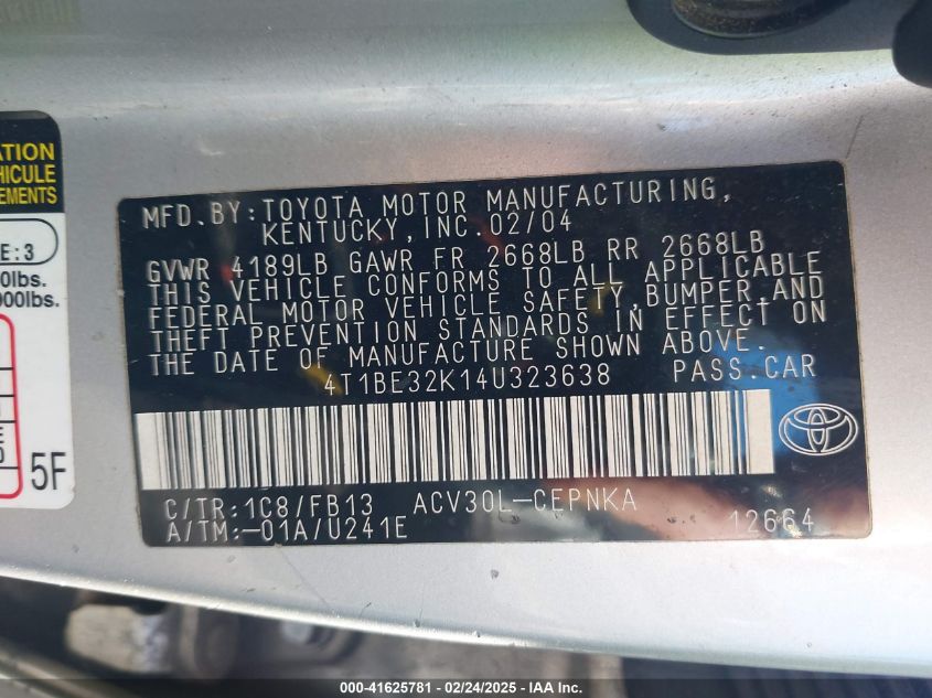 2004 Toyota Camry Le VIN: 4T1BE32K14U323638 Lot: 41625781