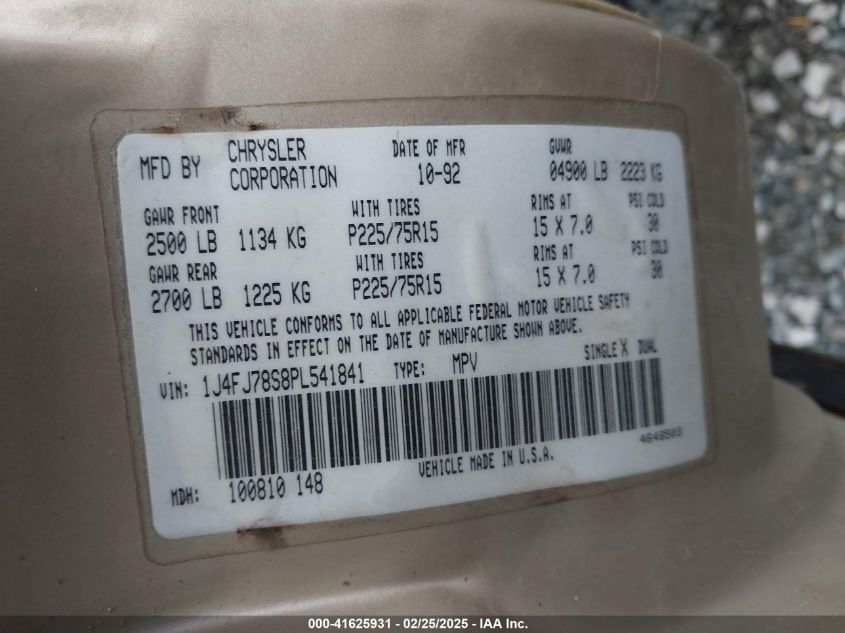 1993 Jeep Cherokee Country VIN: 1J4FJ78S8PL541841 Lot: 41625931