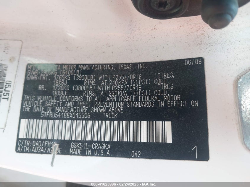 2008 TOYOTA TUNDRA VIN: 5TFRU54188X015506
