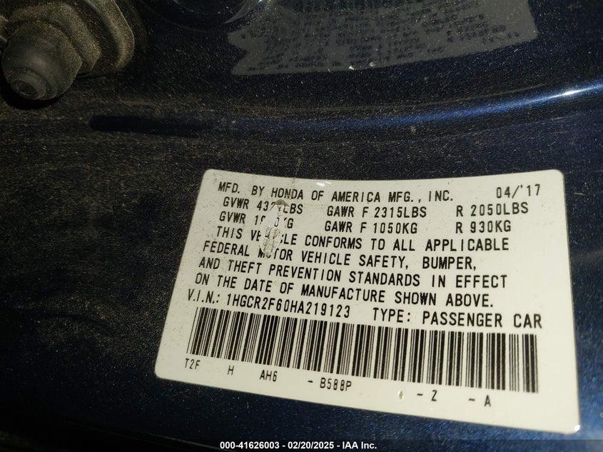 2017 HONDA ACCORD VIN: 1HGCR2F60HA219123