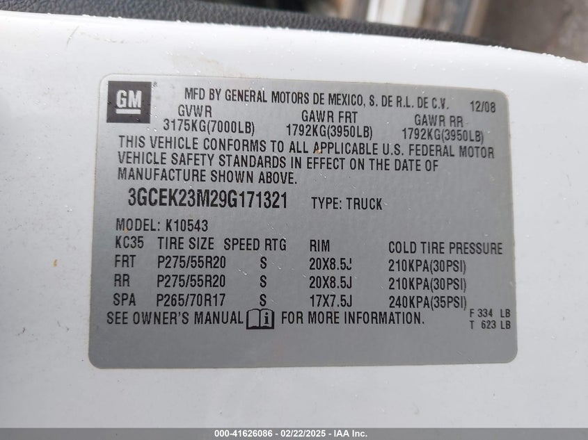 2009 CHEVROLET SILVERADO 1500 VIN: 3GCEK23M29G171321