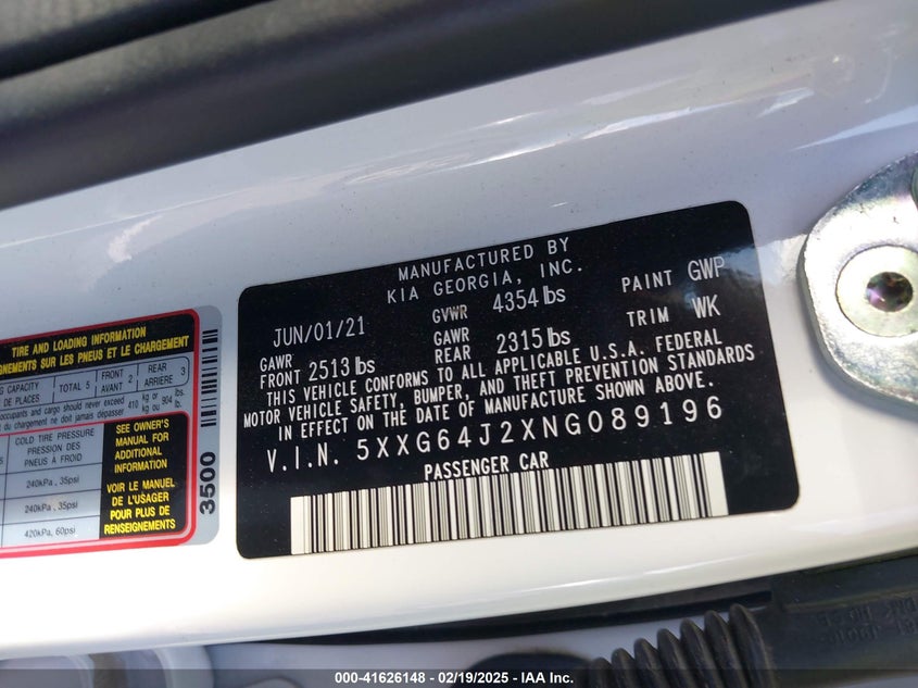 2022 KIA K5 VIN: 5XXG64J2XNG089196