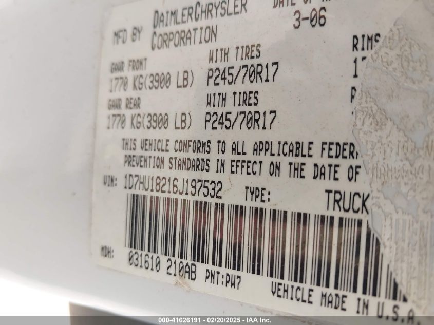 2006 Dodge Ram 1500 St VIN: 1D7HU18216J197532 Lot: 41626191