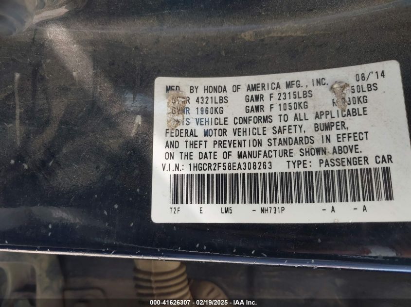 2014 Honda Accord Sport VIN: 1HGCR2F58EA308263 Lot: 41626307