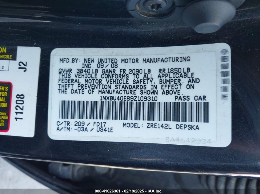 2009 TOYOTA COROLLA VIN: 1NXBU40E89Z109310