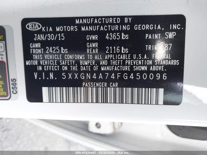 2015 KIA OPTIMA VIN: 5XXGN4A74FG450096