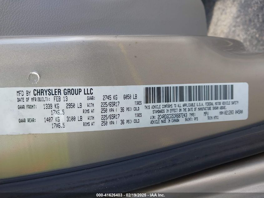 2013 Dodge Grand Caravan Sxt VIN: 2C4RDGCG5DR687243 Lot: 41626403