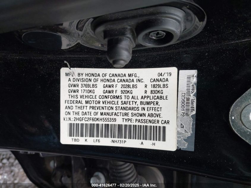 2019 Honda Civic Lx VIN: 2HGFC2F60KH555359 Lot: 41626477